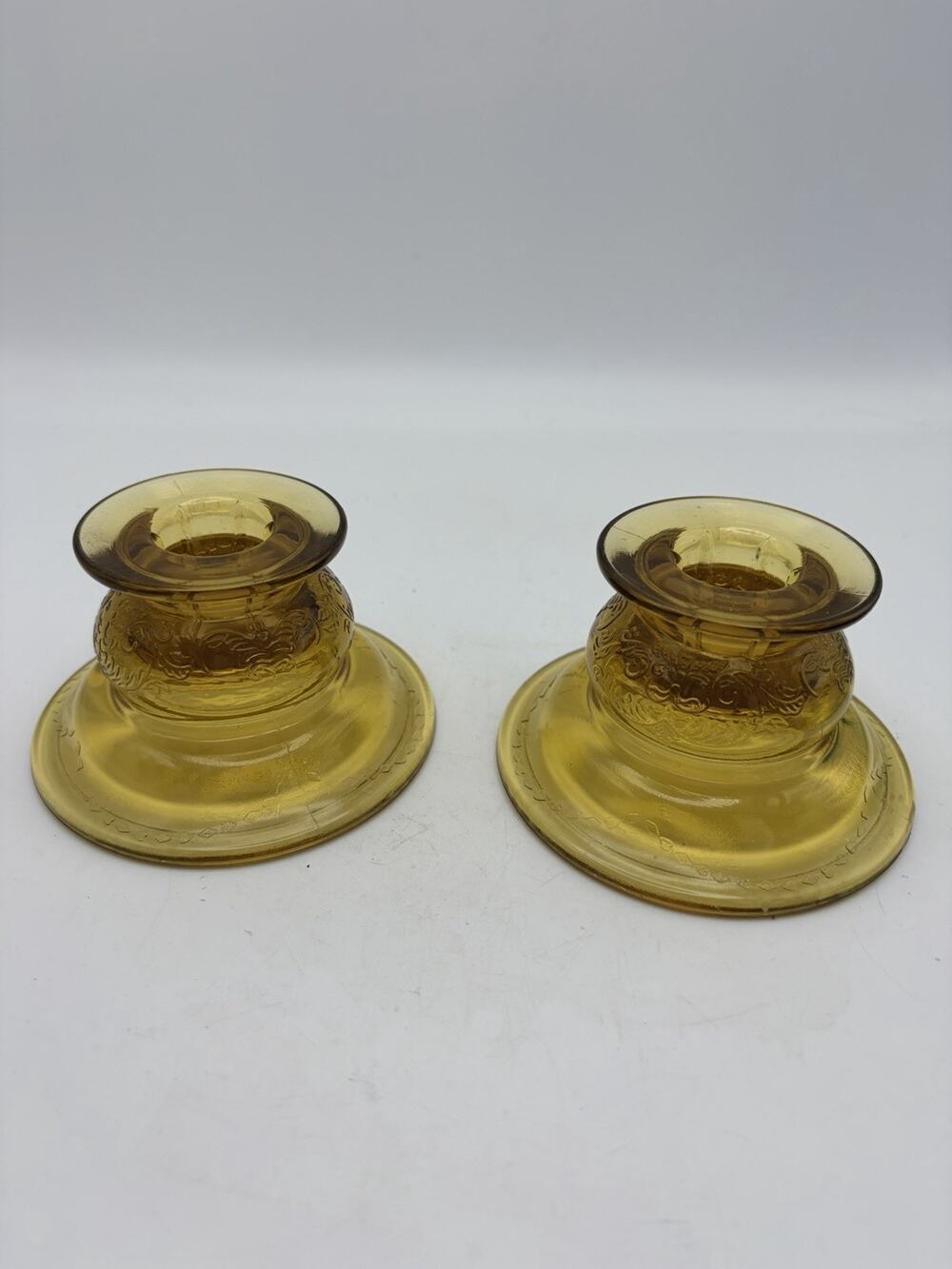 Federal Madrid Amber Depression Glass Votive Candle Holders Set Of 2 Vintage